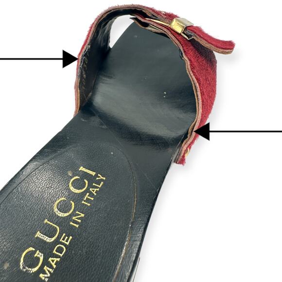 GUCCI | 5.5 | Red Ponyhair Gold Buckle Studded Wood Block Heel Slide Sandals - Picture 12 of 12